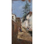 19th Century Spanish School. Figures walking in a Lane, Oil on Panel, Indistinctly Signed, Unframed,