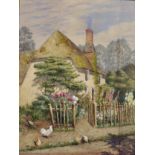 Marian Chase (1844-1905) British. Chickens outside a Thatched Cottage, Watercolour, Signed,