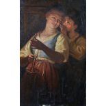 19th Century English School. Two Girls by Candlelight, Oil on Panel, Unframed, 10.5" x 6.5".