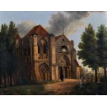 19th Century French School. A Church Scene, with Figures in the foreground, Oil on Canvas, with