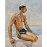 20th Century English School. A Seated Sailor Boy looking out to Sea, Watercolour, Unframed, 24.5"