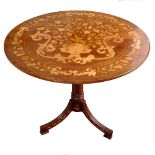 DUTCH MARQUETRY INLAID TABLE ON FLUTED SPLAYED 3 LEG BASE WITH INLAID DECORATION APPROX. 80 cms dia.