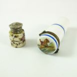 SILVER TOP PORCELAIN PERFUME BOTTLE AND 1 OTHER CYLINDRICAL PORCELAIN FLASK WITH HINGED COVER