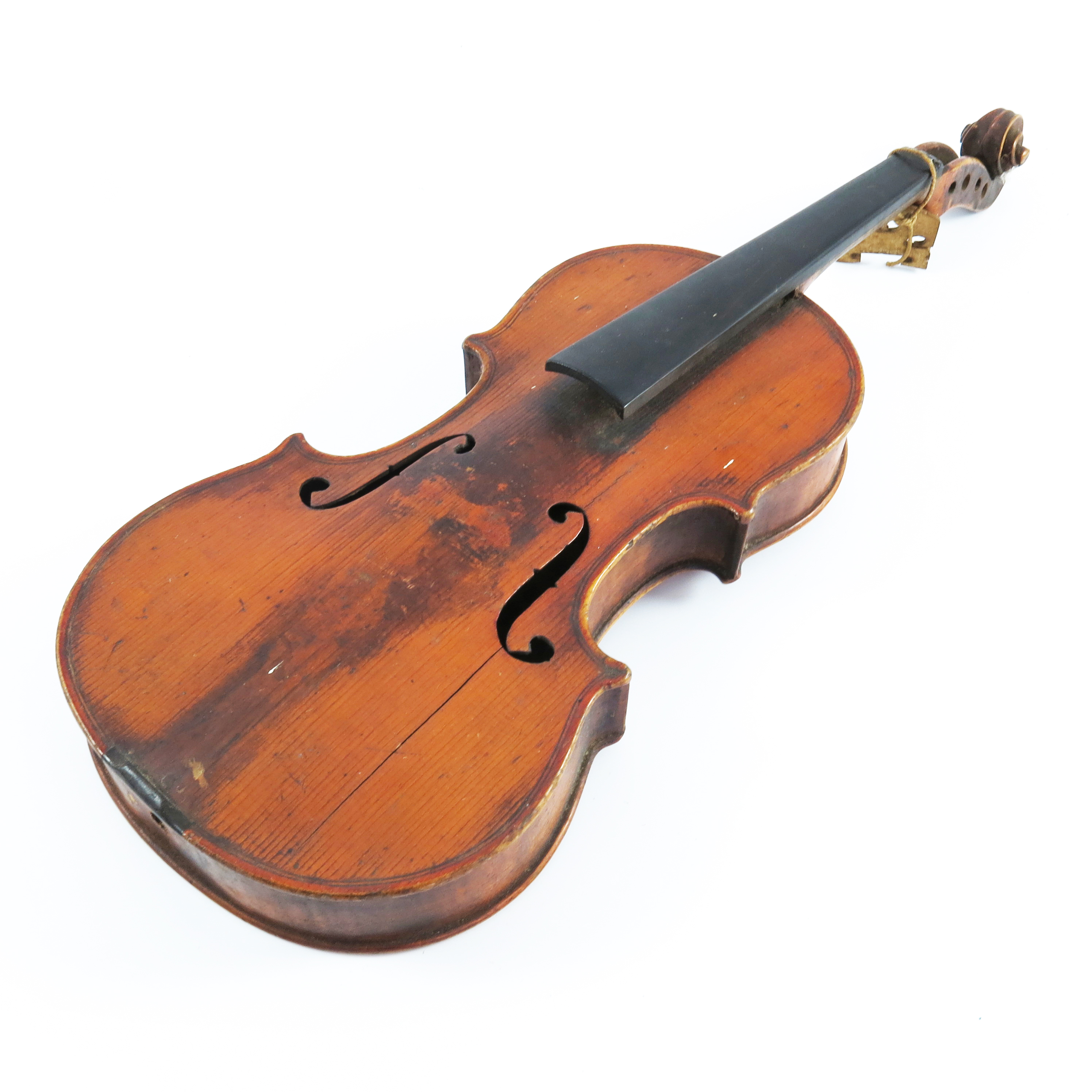 19TH CENTURY CHILD'S VIOLIN, APPROX. 47 cm OVERALL, BACK 29 cm INC. BUTTON, PROVENANCE RIPPLE HALL