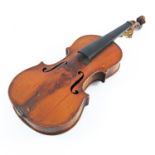 19TH CENTURY CHILD'S VIOLIN, APPROX. 47 cm OVERALL, BACK 29 cm INC. BUTTON, PROVENANCE RIPPLE HALL