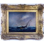 19TH CENTURY OIL ON CANVAS DEPICTING SAILING BOAT IN HEAVY SEAS WITH LIGHTHOUSE MARKED E HARLEY/