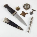 SCOTTISH SILVER MOUNTED DIRK WITH MISCELLANEOUS PINS AND BADGES