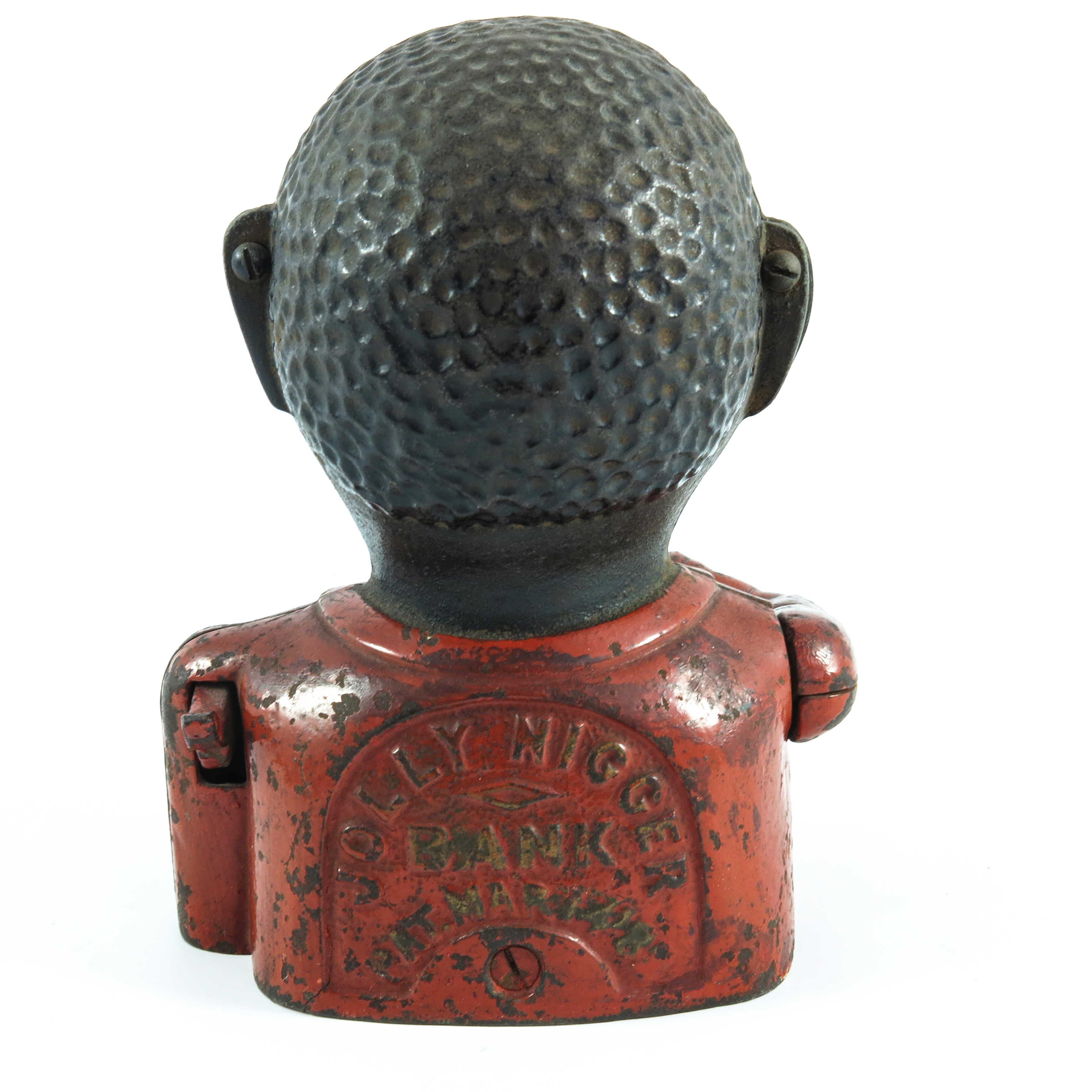 'JOLLY NIGGER' ORIGINAL CAST IRON MECHANICAL MONEY BOX, RED POLYCHROME DECORATION WITH YELLOW BOW - Image 4 of 6