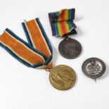 WWI 1914-18 BRITISH WAR MEDAL, VICTORY MEDAL AND ASSOCIATED BADGE 46237 PTE. J. FOY S.LAN.R.