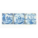 3 TILES LABELLED VERSO 'LAMBETH DELFT', EACH APPROX 12.5CMS SQUARE