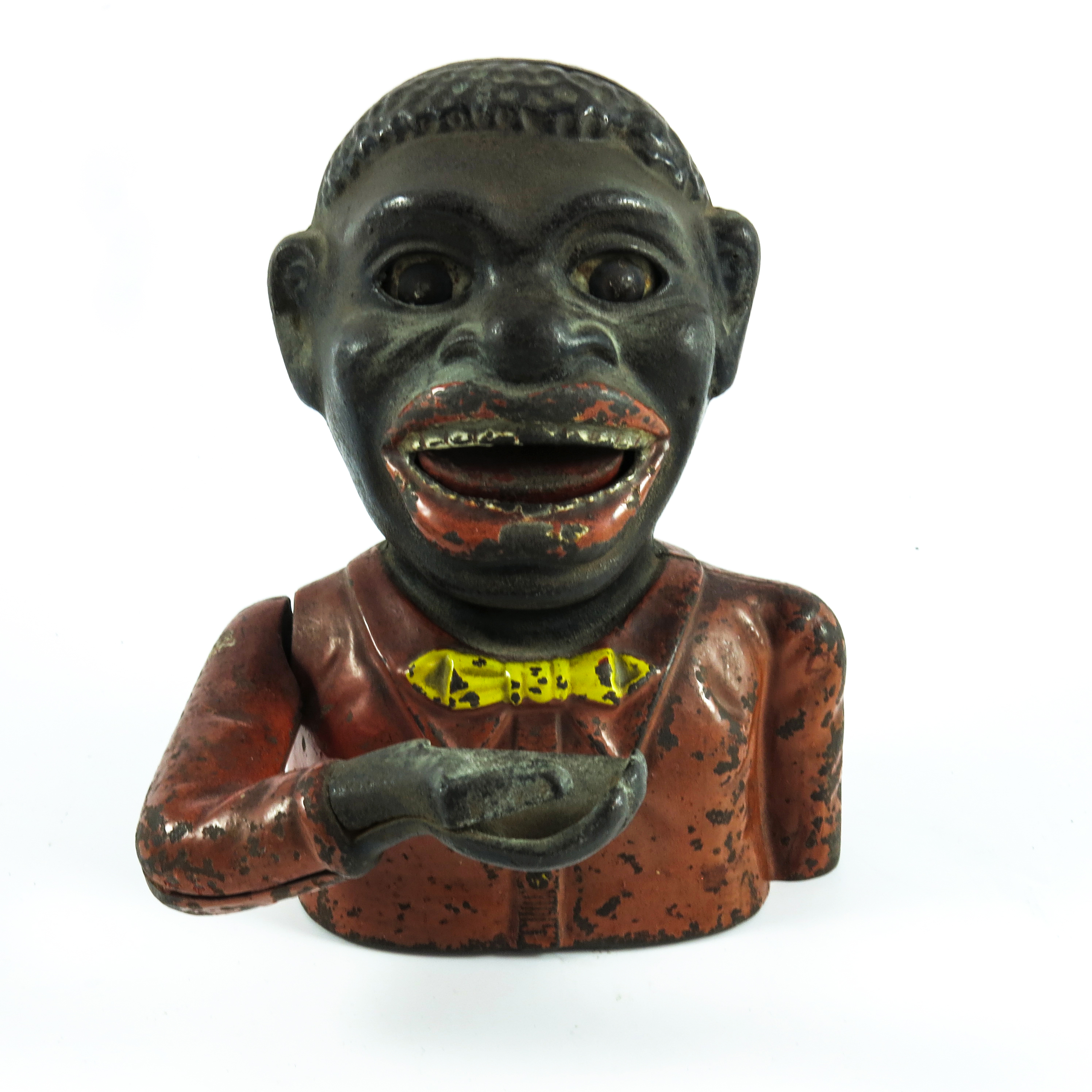'JOLLY NIGGER' ORIGINAL CAST IRON MECHANICAL MONEY BOX, RED POLYCHROME DECORATION WITH YELLOW BOW - Image 2 of 6