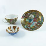 SATSUMA TEA CUP AND SAUCER TOGETHER WITH A SMALL TEA BOWL WITH 6 CHARACTER MARK TO BASE