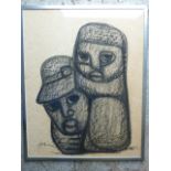 SOUTH AFRICAN ART, ABSTRACT CHARCOAL SKETCH DEPICTING 2 FIGURES, APPROX. 62 X 50 cm INDISTINCTLY