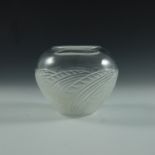 LALIQUE, FRANCE? SQUAT GLASS VASE WITH GEOMETRIC DECORATION, INDISTINCT ETCHED MARK TO BASE, APPROX.