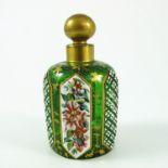 19TH CENTURY GREEN GLASS PERFUME BOTTLE AND STOPPER WITH ENAMELLED DECORATION