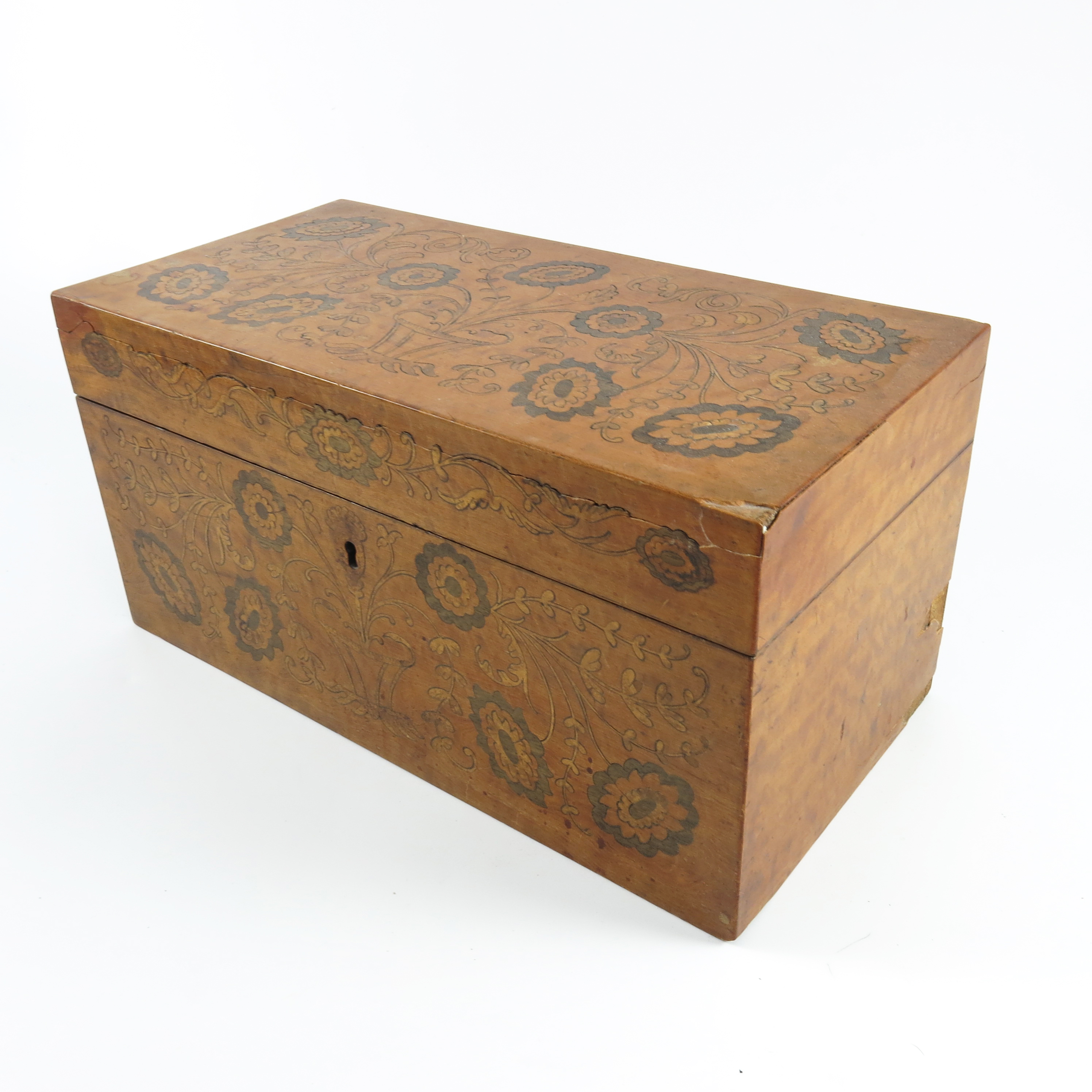 TEA CADDY WITH FLORAL POKER WORK DECORATION AND FITTED INTERIOR - Image 3 of 8
