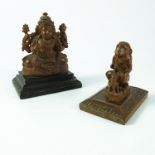 INTRICATELY CARVED WOODEN MONKEY GROUP AF AND CARVED WOODEN INDIAN DEITY ON PLINTH, APPROX 10 cm