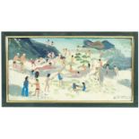 FRED YATES (1922-2008) , OIL ON BOARD DEPICTING BATHERS ON BEACH, APPROX. 38 X 20 cm ARR MAY APPLY