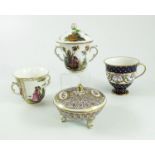 3 CONTINENTAL CUPS AND A INTERICTALLY DECORATED CONTINENTAL BOWL AND COVER