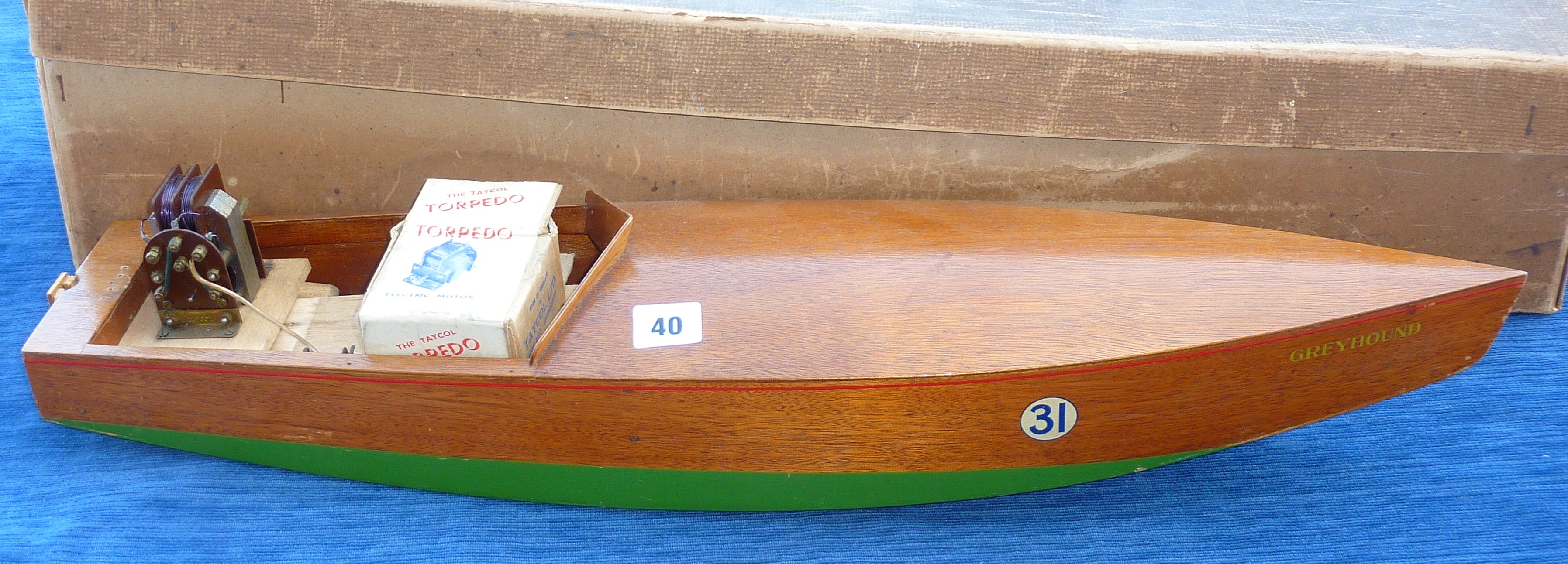 WOODEN MODEL BOAT GREYHOUND 31, WITH TORPEDO ELECTRIC MOTOR, IN BOX A PROJECT TO FINISH