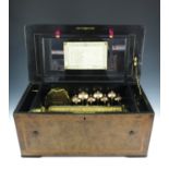 AN IMPRESSIVE LATE 19TH CENTURY BURR WALNUT ORCHESTRAL MUSIC BOX BY RIVENC OR BREMOND, DRUM AND 7