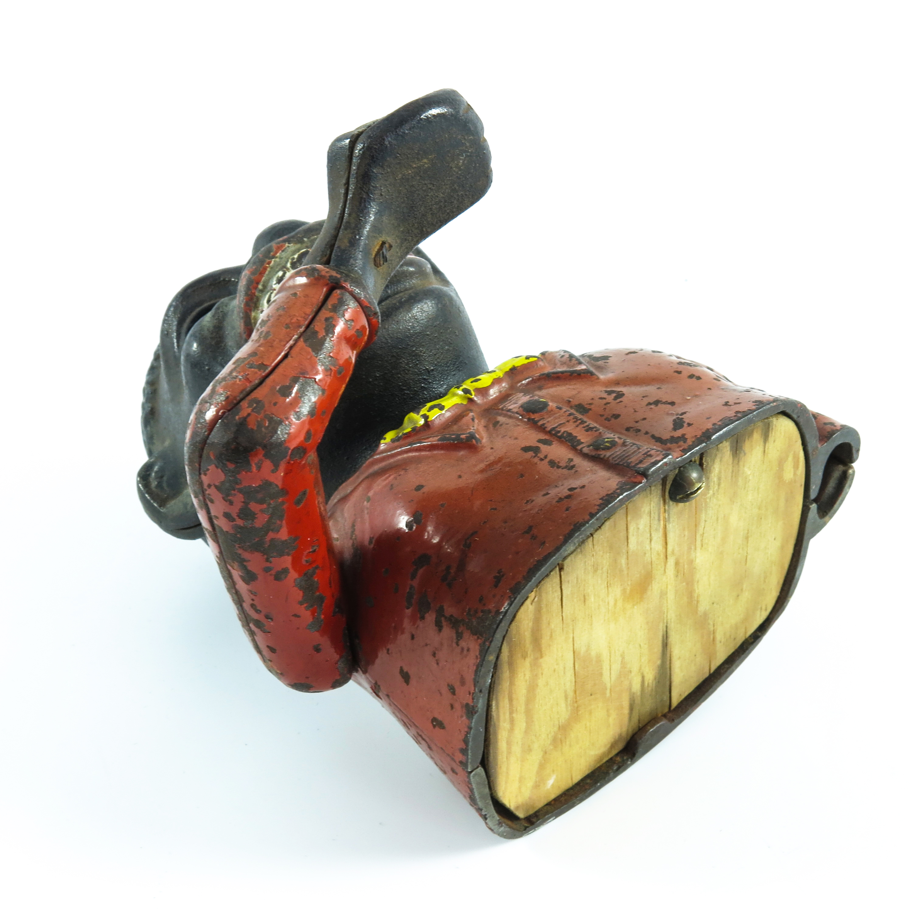 'JOLLY NIGGER' ORIGINAL CAST IRON MECHANICAL MONEY BOX, RED POLYCHROME DECORATION WITH YELLOW BOW - Image 6 of 6