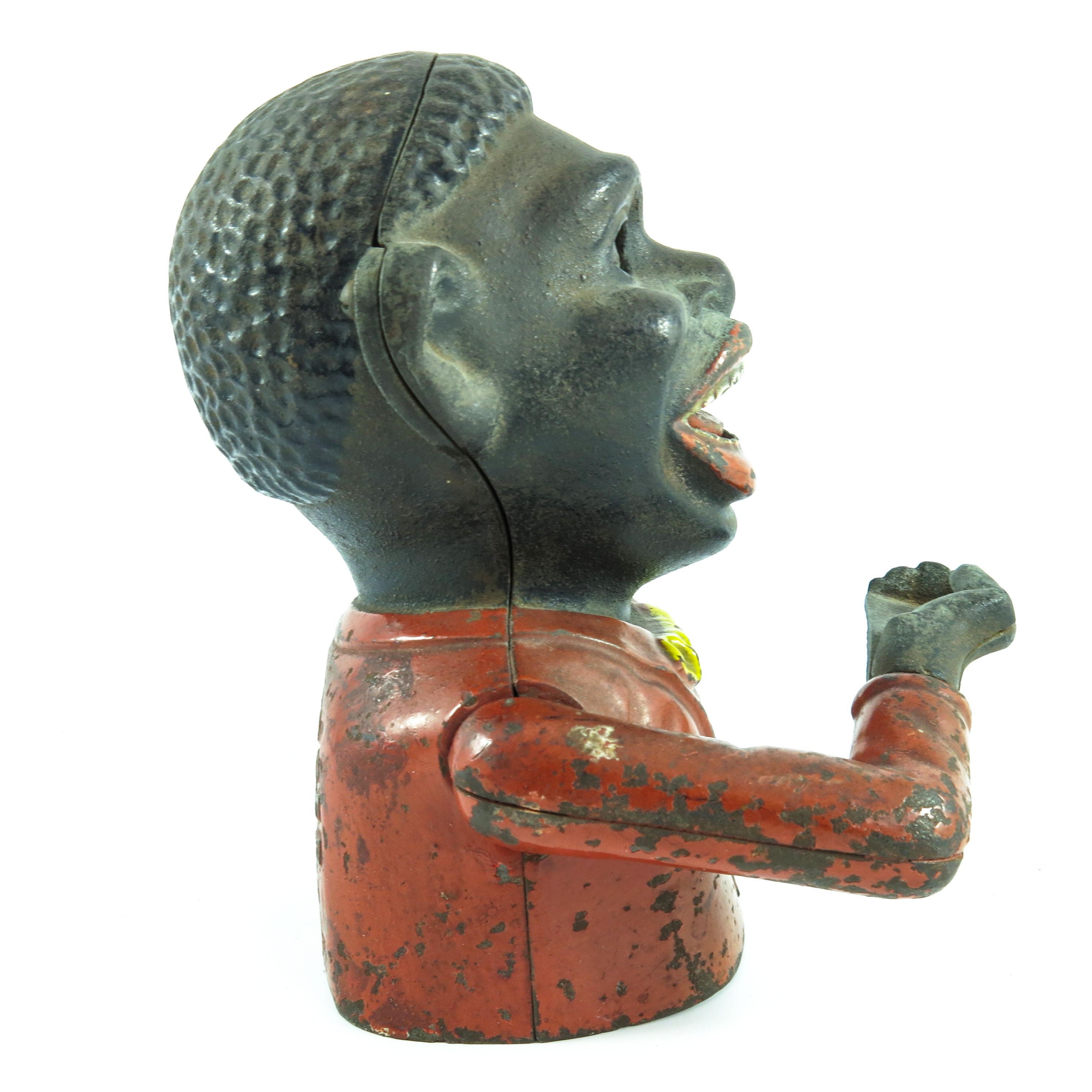 'JOLLY NIGGER' ORIGINAL CAST IRON MECHANICAL MONEY BOX, RED POLYCHROME DECORATION WITH YELLOW BOW - Image 5 of 6