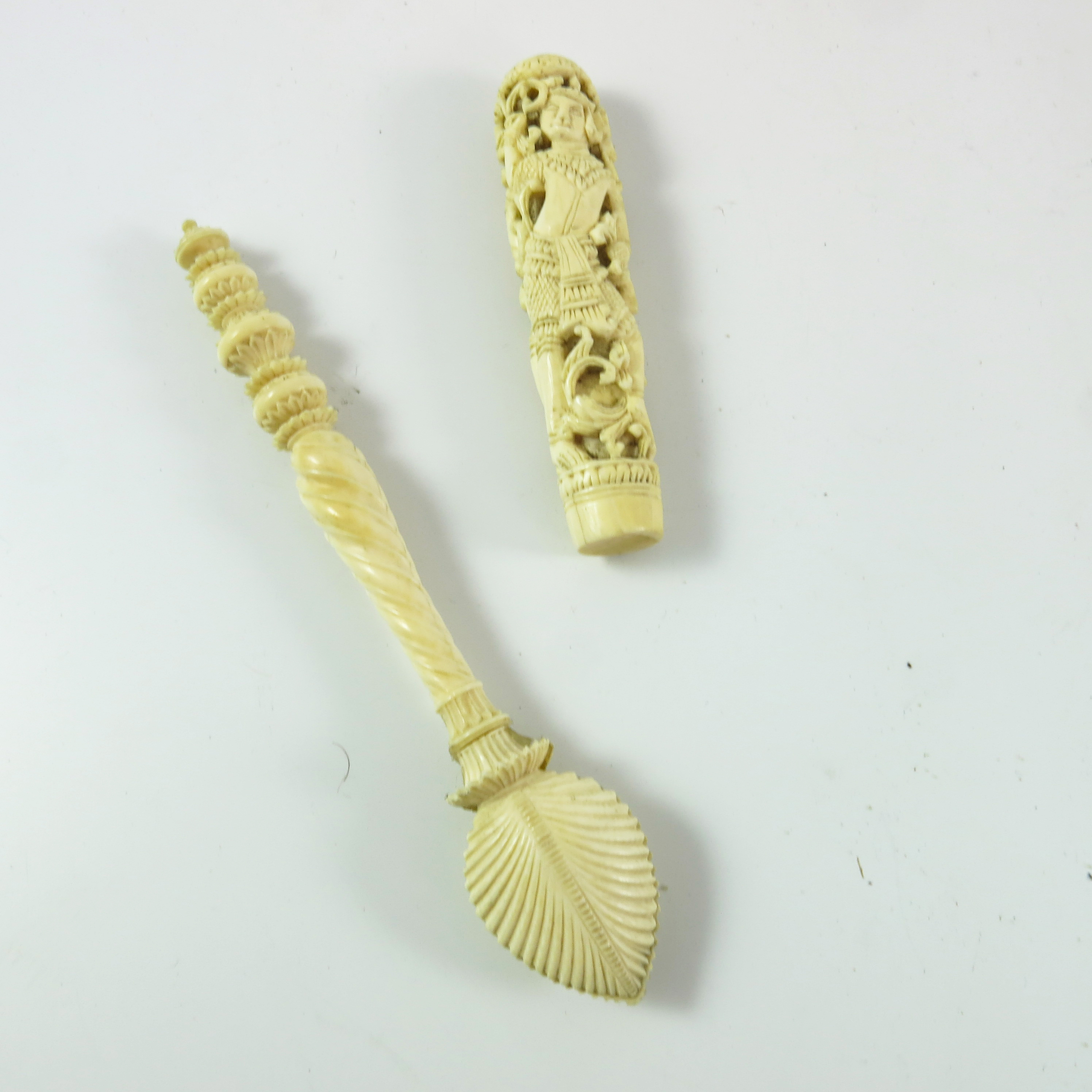 INTRICATELY CARVED 19TH CENTURY IVORY SEAL HANDLE/ TAMPER AND A SPOON