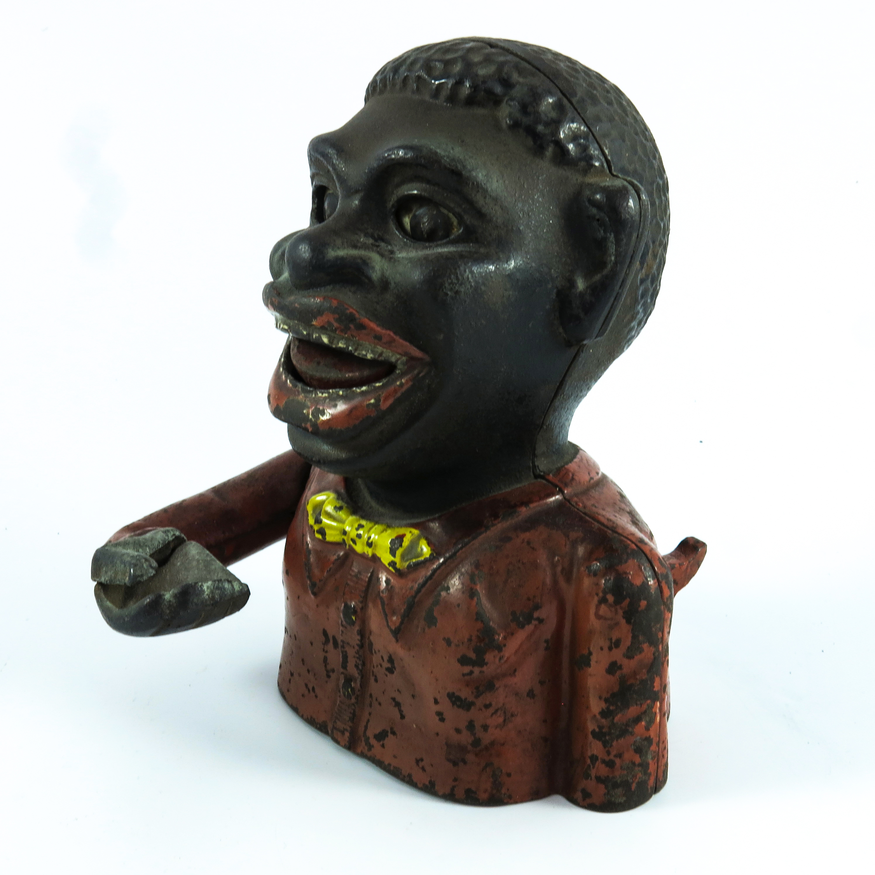 'JOLLY NIGGER' ORIGINAL CAST IRON MECHANICAL MONEY BOX, RED POLYCHROME DECORATION WITH YELLOW BOW - Image 3 of 6