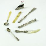 MISC. ITEMS INC. SILVER MARROW SCOOP, PROPELLING PENCIL, PAGE MARKER, VARIOUS SPOONS, PIN CUSHION