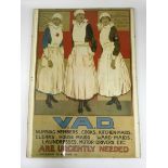 RARE WARTIME RECRUITING POSTER, VAD RECRUITING NURSES, KITCHEN MAIDS, LAUNDRESSES ETC. APPROX. 70
