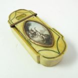 19TH CENTURY IVORY TOOTHPICK HOLDER WITH HINGED COVER, NAVETTE SHAPED PAINTED PANEL IN YELLOW