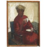 OIL ON BOARD, THREE QUARTER PORTRAIT OF A LADY WITH COFFEE ROYAL ACADEMY SCHOOLS LABEL VERSO, GERALD