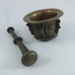 VERY OLD, POSSIBLY 17TH CENTURY, BRONZE PESTLE AND MORTAR, APPLIED FIGURAL DECORATION