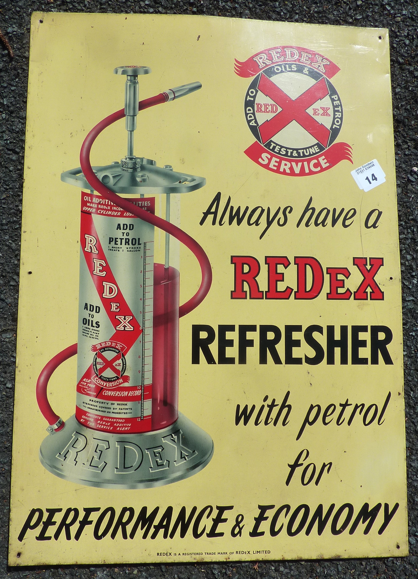 ADVERTISING SIGN REDEX REFRESHER FOR PETROL PERFORMANCE AND ENERGY APPROX 25 INS. X 17 INS.