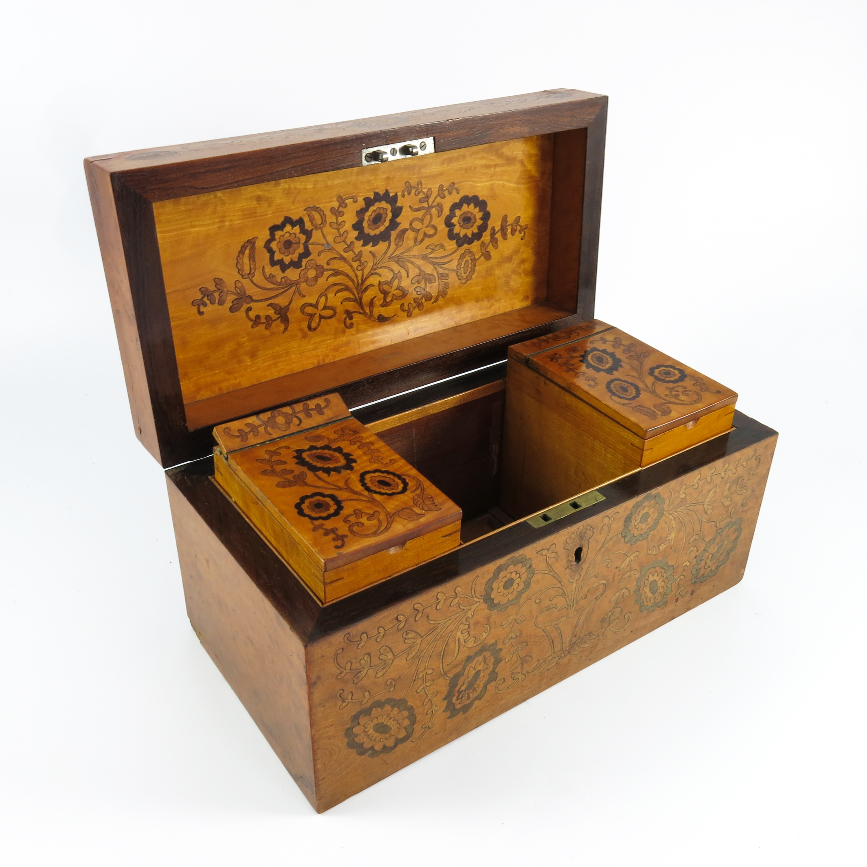 TEA CADDY WITH FLORAL POKER WORK DECORATION AND FITTED INTERIOR - Image 2 of 8