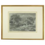 CHARCOAL DEPICTING FARMSTEAD SCENE, ABBOTT AND HOLDER LABEL VERSO, DR THOMAS MONRO (1759-1833)