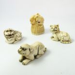 A COLLECTION OF 4 JAPANESE NETSUKE, 3 FEATURING ANIMALS, THE OTHER 2 QUAILON A BASKET