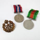 WWII MEDALS IN ORIGINAL BOXES, 39-45 BRITISH WAR MEDAL, DEFENCE MEDAL, MISS G. BAYLISS T/W RAF CAP