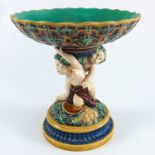 MINTON MAJOLICA TAZZA WITH CHERUB SUPPORT