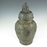 JAPANESE TERRACOTTA POT AND COVER, APPLIED DECORATION DEPICTING FIGURES, TREES AND MEDALLIONS,