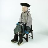 RARE 19TH CENTURY CHINESE PORCELAIN HEAD DOLL, JOINTED CONSTRUCTION, DEPICTING A SEATED MAN IN