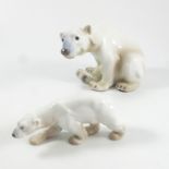 BING AND GRONDAHL LARGE SEATED POLAR BEAR 1629, APPROX. 20 cm LONG AND CUB 2218