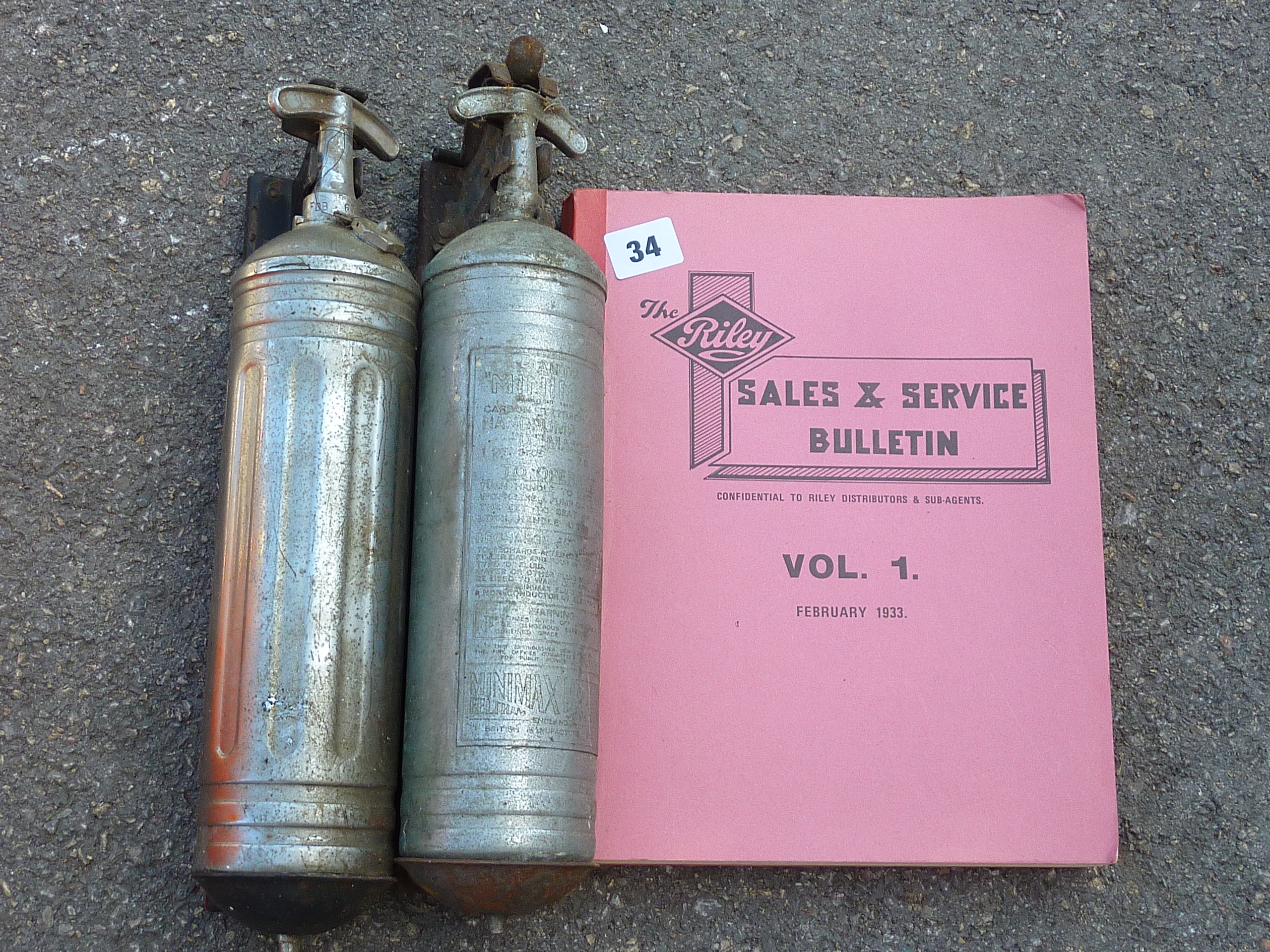 PYRENE AND MINI MAX FIRE EXTINGUISHER AND A REPRINT OF A 1933 RILEY SALES AND SERVICE BULLETIN