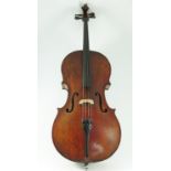 CELLO, EARLY 19TH CENTURY 7/8 ths SIZE TOGETHER WITH A BOW STAMPED ARNOLD VOIGT