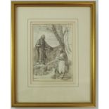 PEN AND INK SKETCH DEPICTING 2 FIGURES ABBOTT AND HOLDER LABEL VERSO WILLIAM STRANG RA WITH