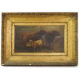 19TH CENTURY OIL ON CANVAS DEPICTING HIGHLAND CATTLE INDISTINCTLY SIGNED, 25 X 46 cm