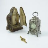 LOVELY QUALITY FRENCH 'LE ROY ET FILS' SILVER PLATED, MINIATURE MANTLE CLOCK, THE CASE DECORATED