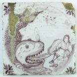 DELFT TYPE TILE WITH MANGANESE DEPICTING FISH AND FIGURE, APPROX. 12 cm SQUARE