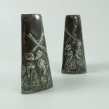 PAIR PLATED TRIANGULAR TAPERING VASES EACH DEPICTING A DUTCH SCENE IN RELIEF, MARKED WMFB, APPROX 13